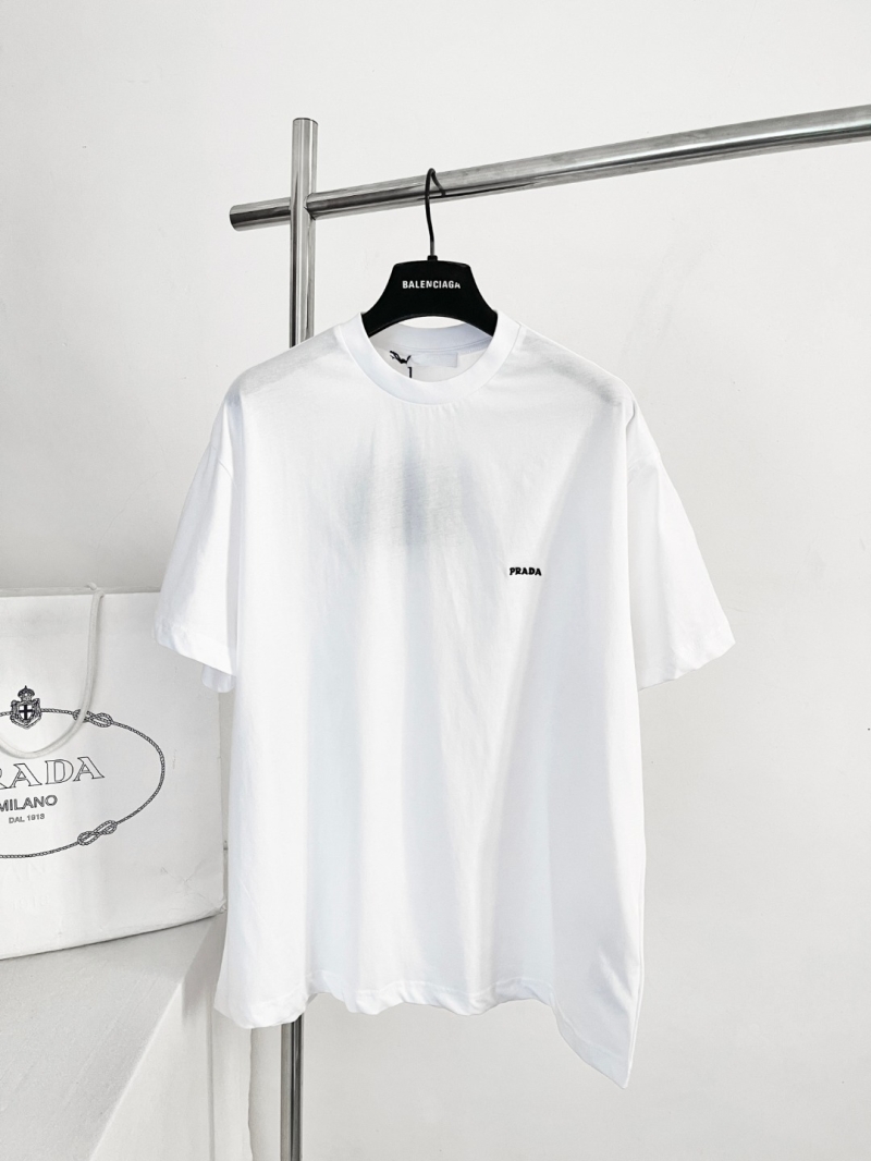 Prada Embroidered Small Logo Relaxed Fit T-Shirt in White