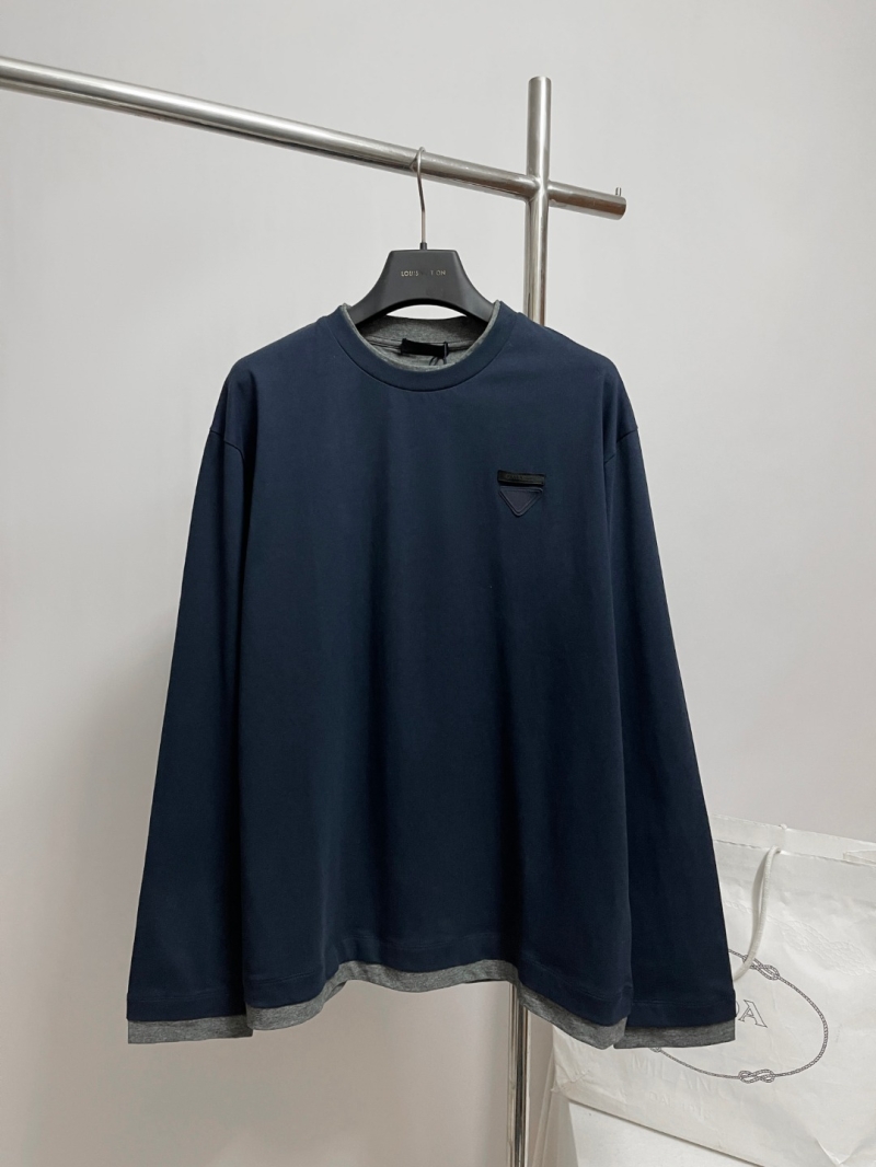 Prada Double-Layered Crewneck Sweatshirt in Navy Blue and Heather Grey