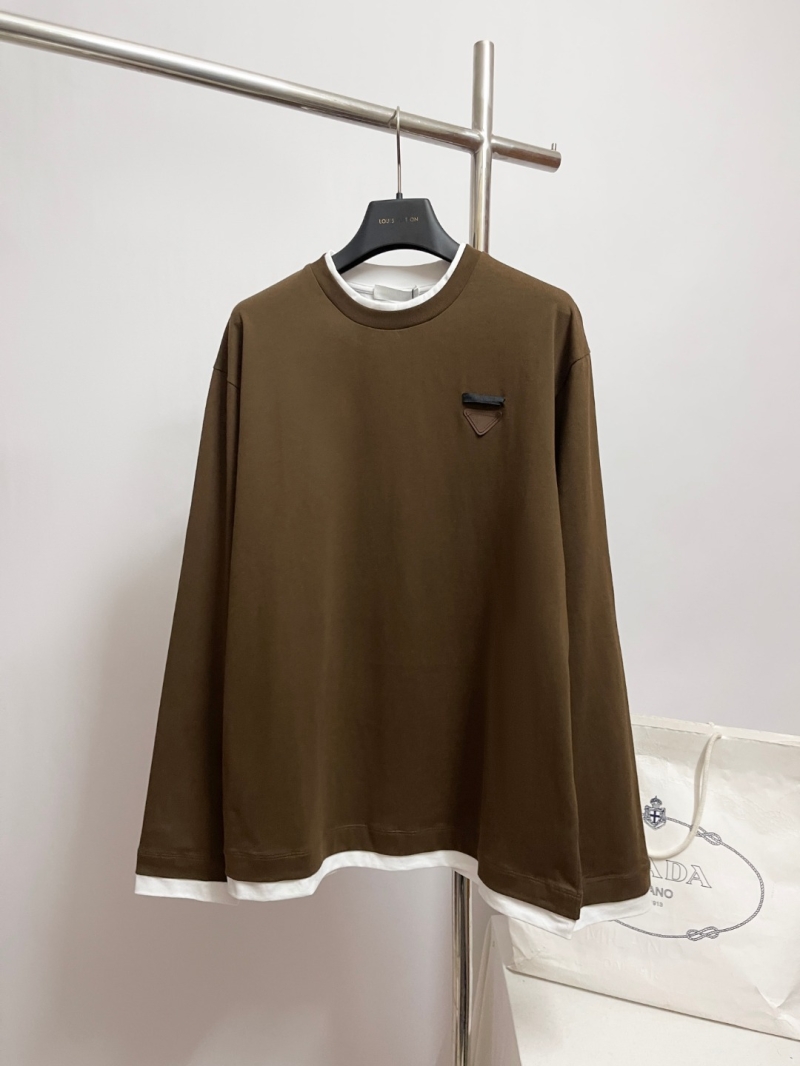 Prada Layered Crewneck Long-Sleeved Sweatshirt in Deep Chocolate Brown - Signature Tonal Triangle Logo, Relaxed Fit, Elevated Casual Luxe - Men's Designer Pullover