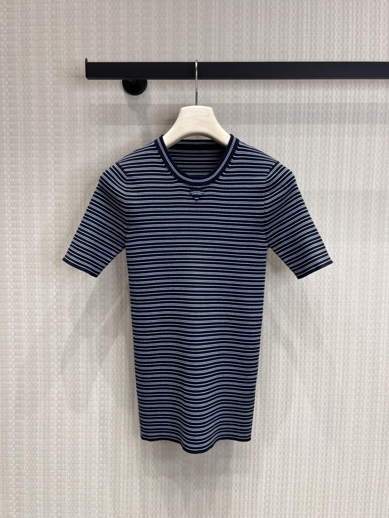 Prada Striped Fine-Knit Short-Sleeved Top in Navy and White