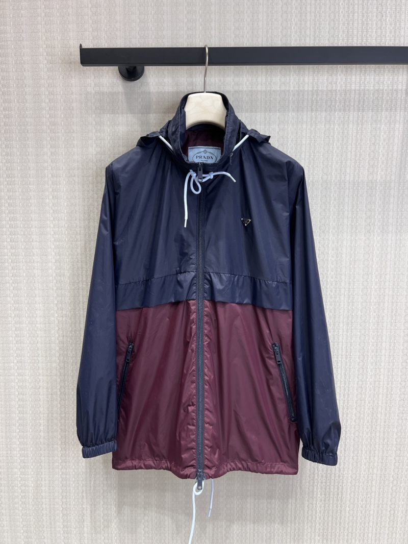 Prada Color-Blocked Hooded Windbreaker - Technical Nylon with Triangle Logo - Navy and Burgundy