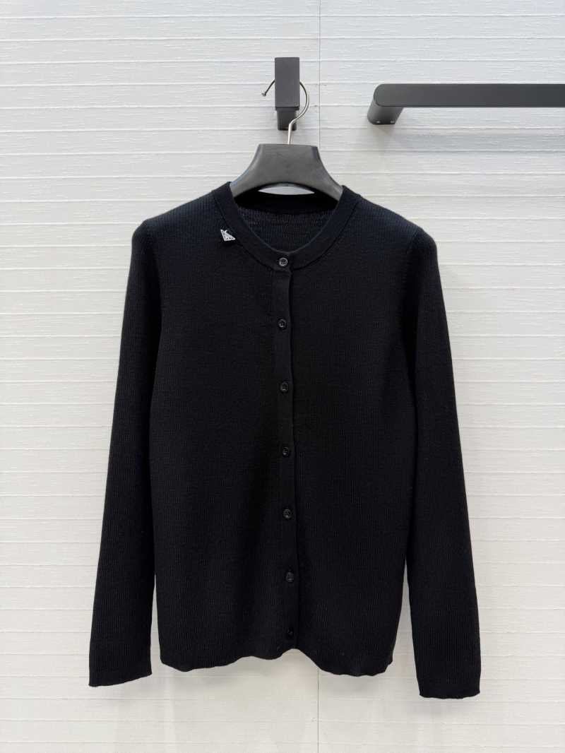 Prada Ribbed Knit Slim-Fit Cardigan with Signature Triangle Logo Charm in Black