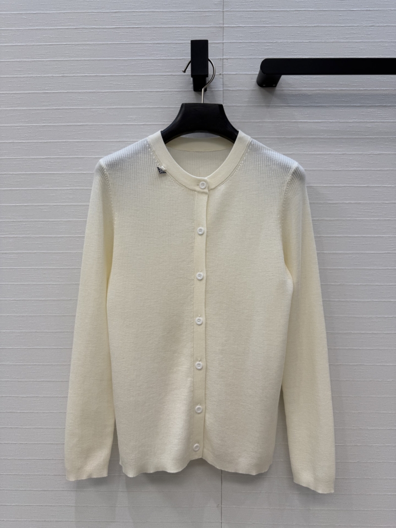 Prada Signature Triangle Charm Ribbed Knit Slim-Fit Cardigan in Ivory White