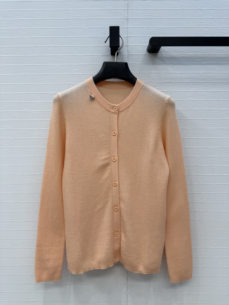 Prada Fine Ribbed Knit Slim-Fit Cardigan with Signature Logo Charm in Apricot