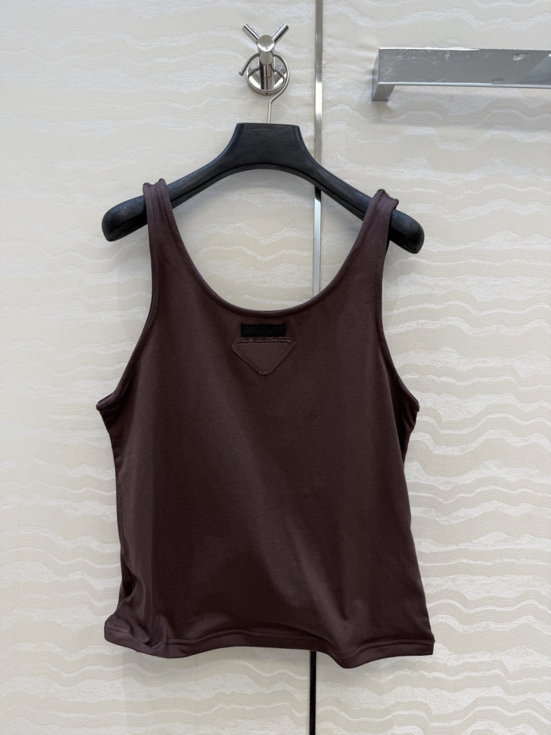 Prada 100% Imported Pure Cotton U-Neck Tank Top with Twisted Wire Hem in Dark Chocolate Brown