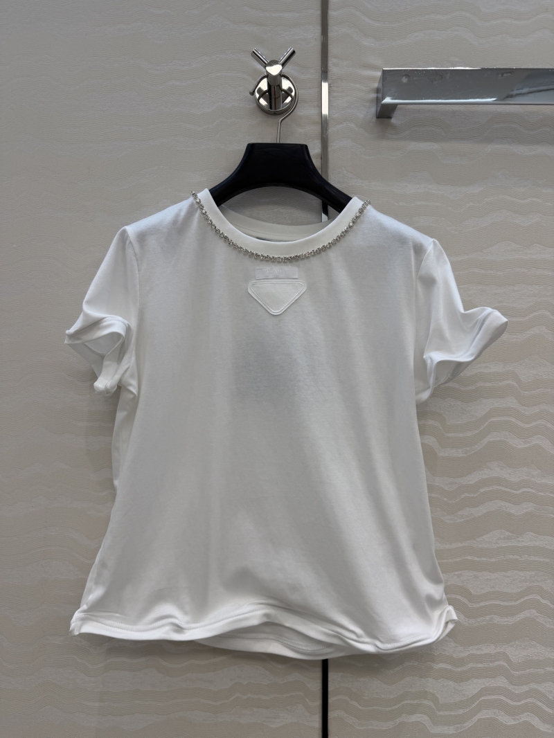 Prada 100% Pure Cotton Rhinestone Collar T-Shirt with Sculptural Steel Wire Hem