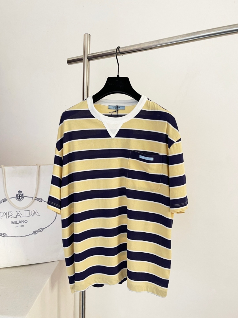 Prada Striped Pocket Cotton T-Shirt in Pale Yellow and Navy Blue