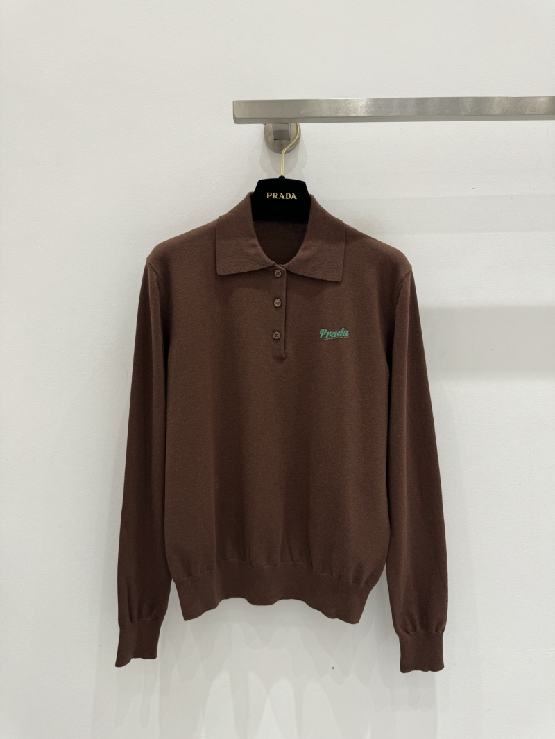 Prada Long-Sleeved Knit Polo Sweater in Chocolate Brown with Mint Logo