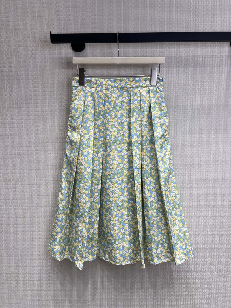 Prada Floral Pleated A-Line Midi Skirt - Sky Blue and Yellow Wildflower