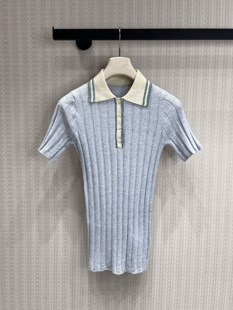 Prada Contrast Collar Ribbed Knit Polo Top in Pale Blue