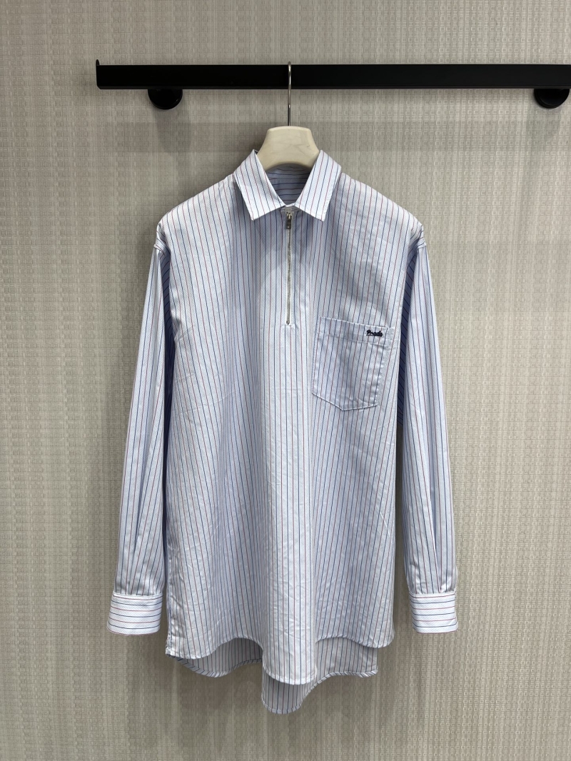 Prada Quarter-Zip Striped Poplin Shirt - Light Blue and Red Relaxed Fit