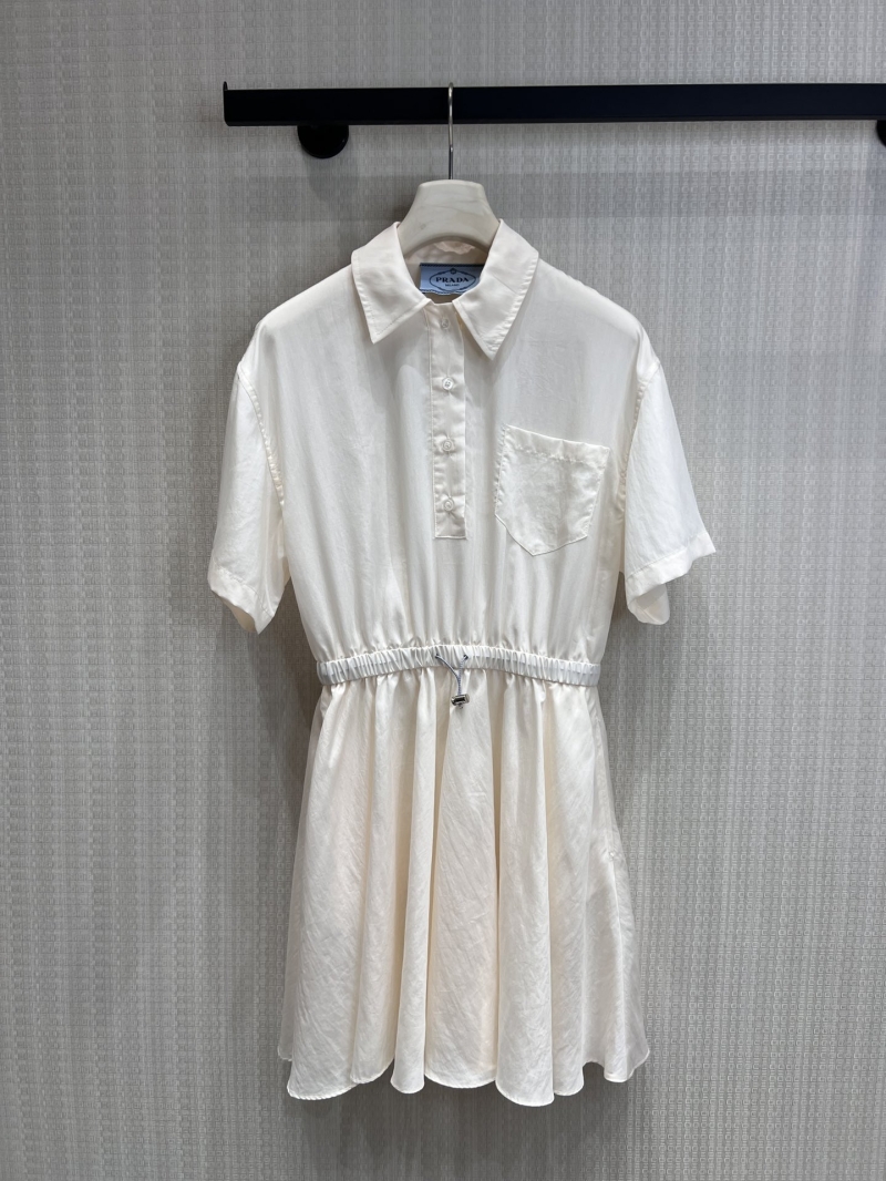 Prada SS26 Ivory High-Count Fabric Shirt Dress with Drawstring Waist