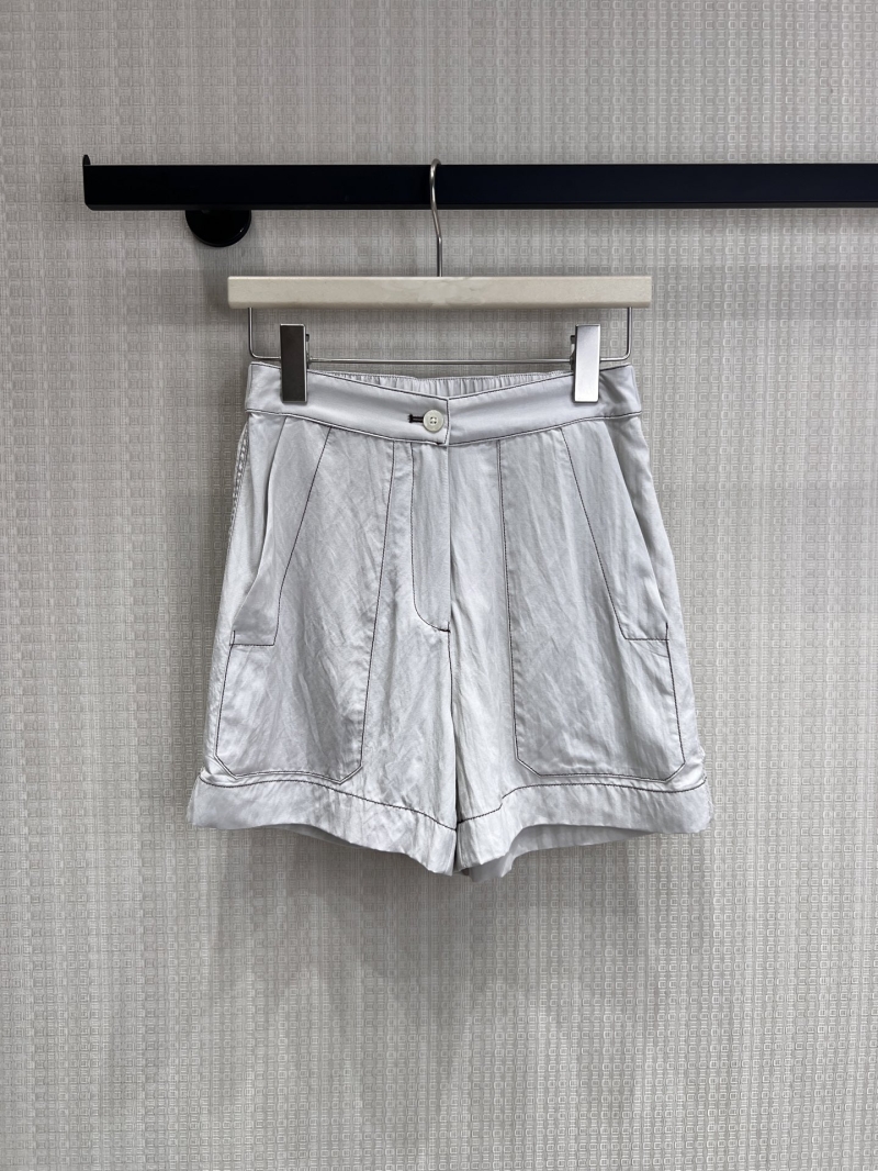 Prada Pale Linen Grey High-Waisted Utility Shorts with Contrast Stitching