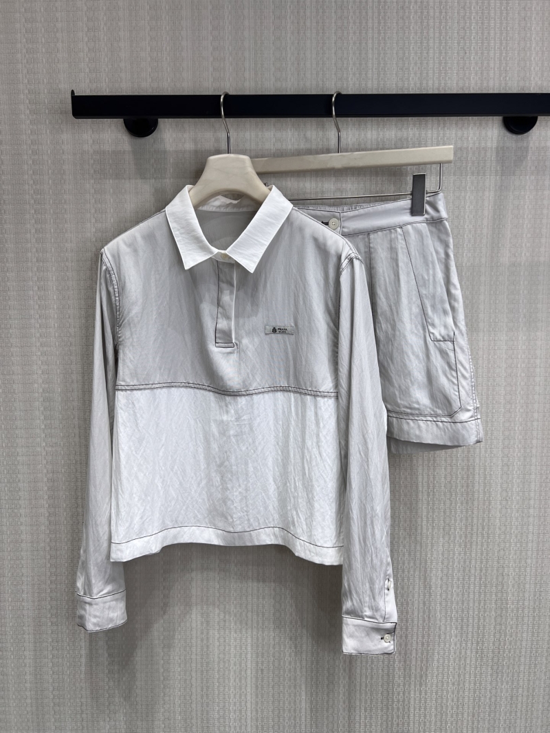 Prada Linen Blend Contrast Stitch Popover Shirt in Stone Grey and White