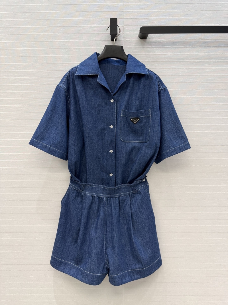 Prada Contrast Stitch Denim Workwear Romper in Indigo Blue