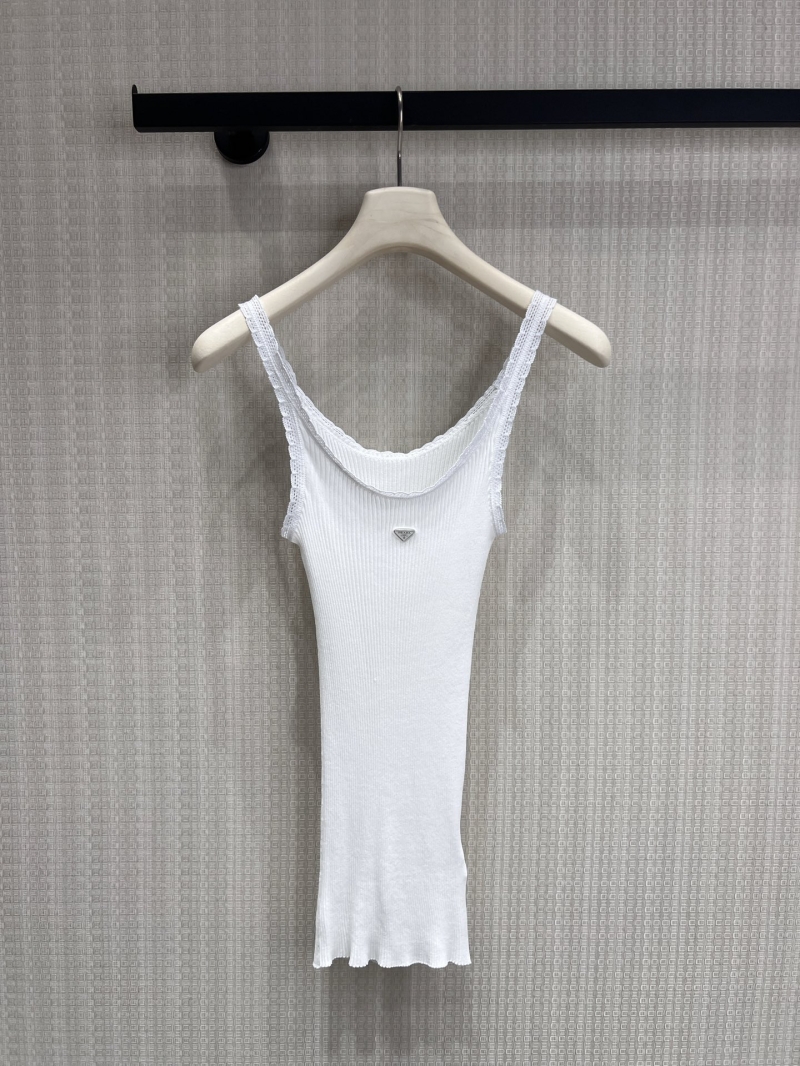 Prada Ribbed Knit Lace-Trim Tank Top in Crisp White