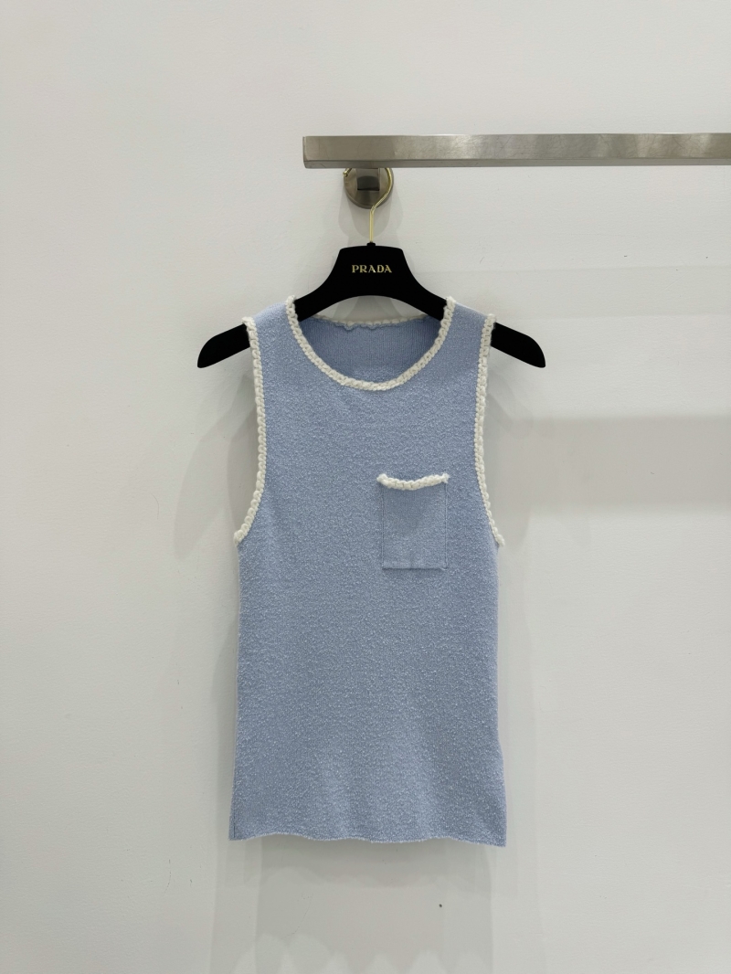 Prada Signature Braided Trim Bouclé Knit Tank Top in Sky Blue