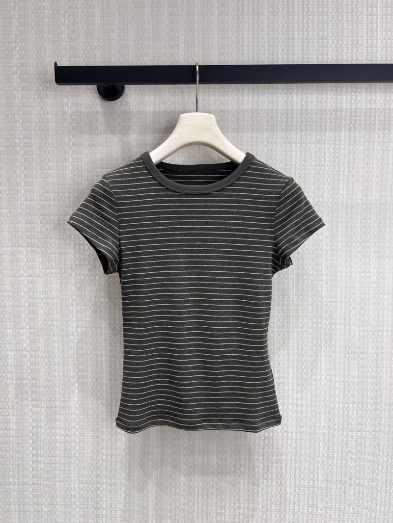 Prada Striped High-Stretch Knit Baby Tee in Charcoal Grey