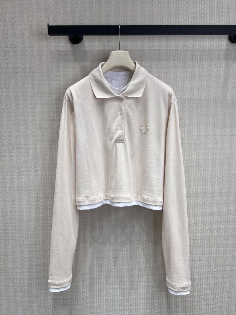 Prada Cropped Layered Two-in-One Polo Shirt in Cream and White