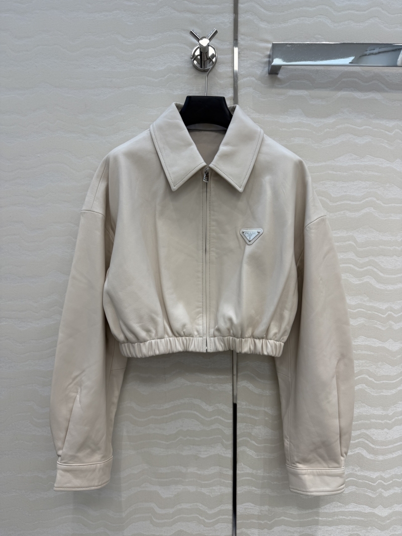 Prada Premium Cropped Lambskin Leather Jacket in Cream