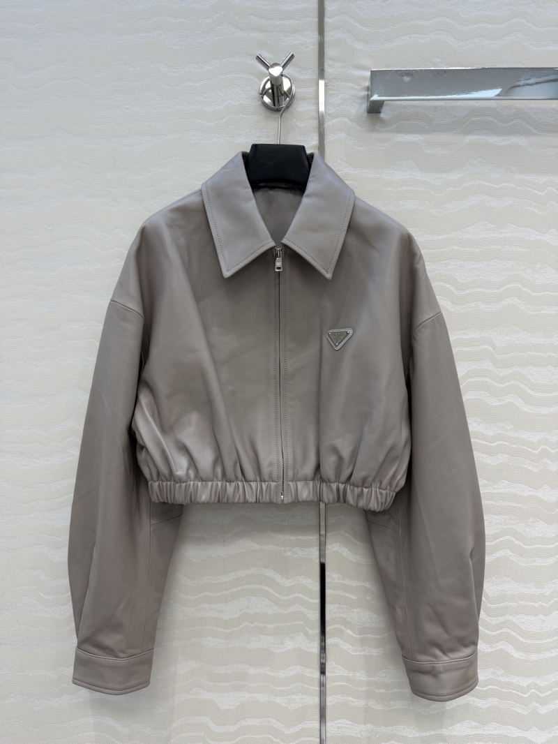 Prada Exquisite Cropped Lambskin Leather Jacket in Taupe
