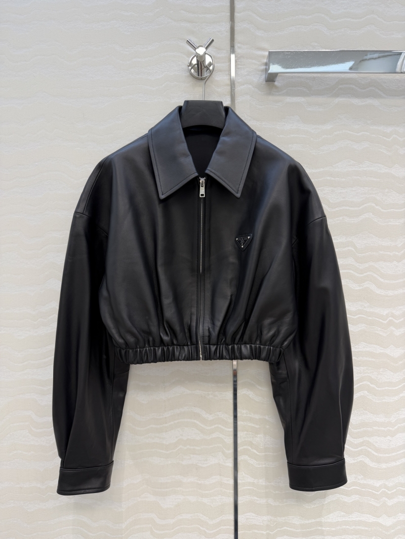 Prada 100% Lambskin Cropped Leather Blouson Jacket in Black