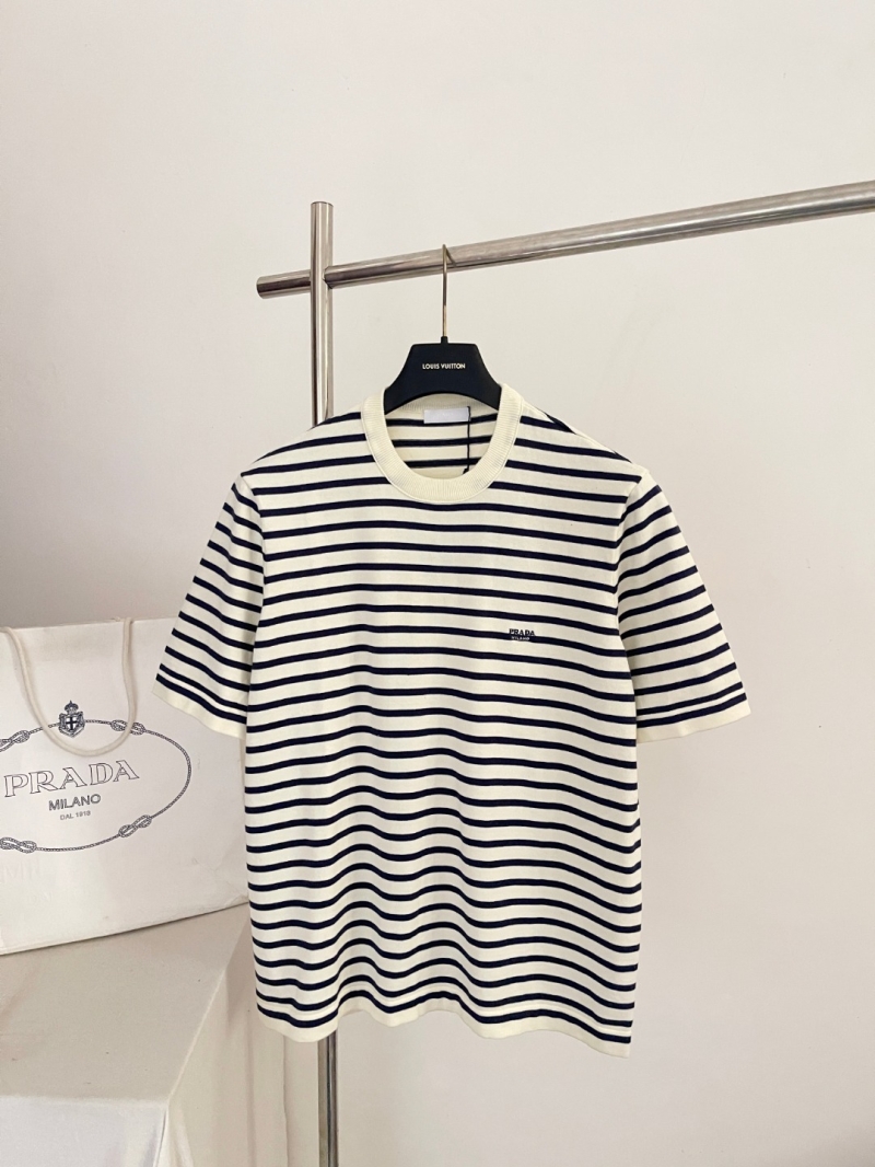 Prada Striped Short-Sleeve Knit Sweater in Cream and Navy