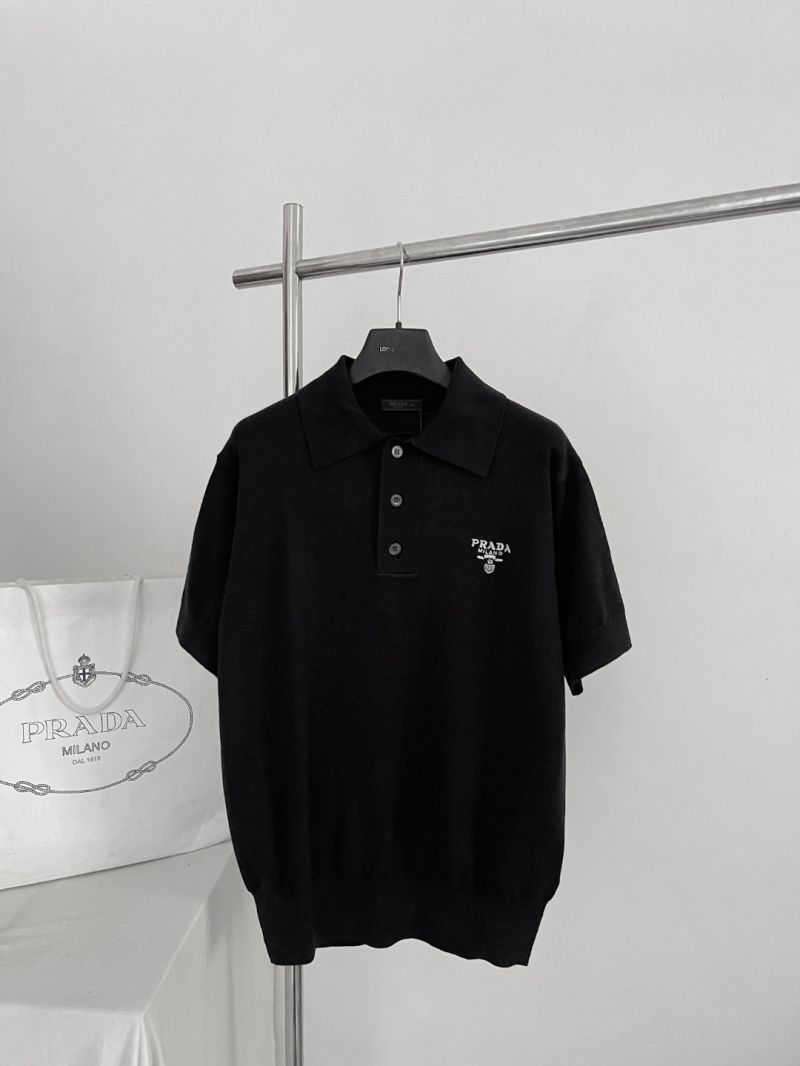 Prada Embroidered Knit Polo Shirt in Black