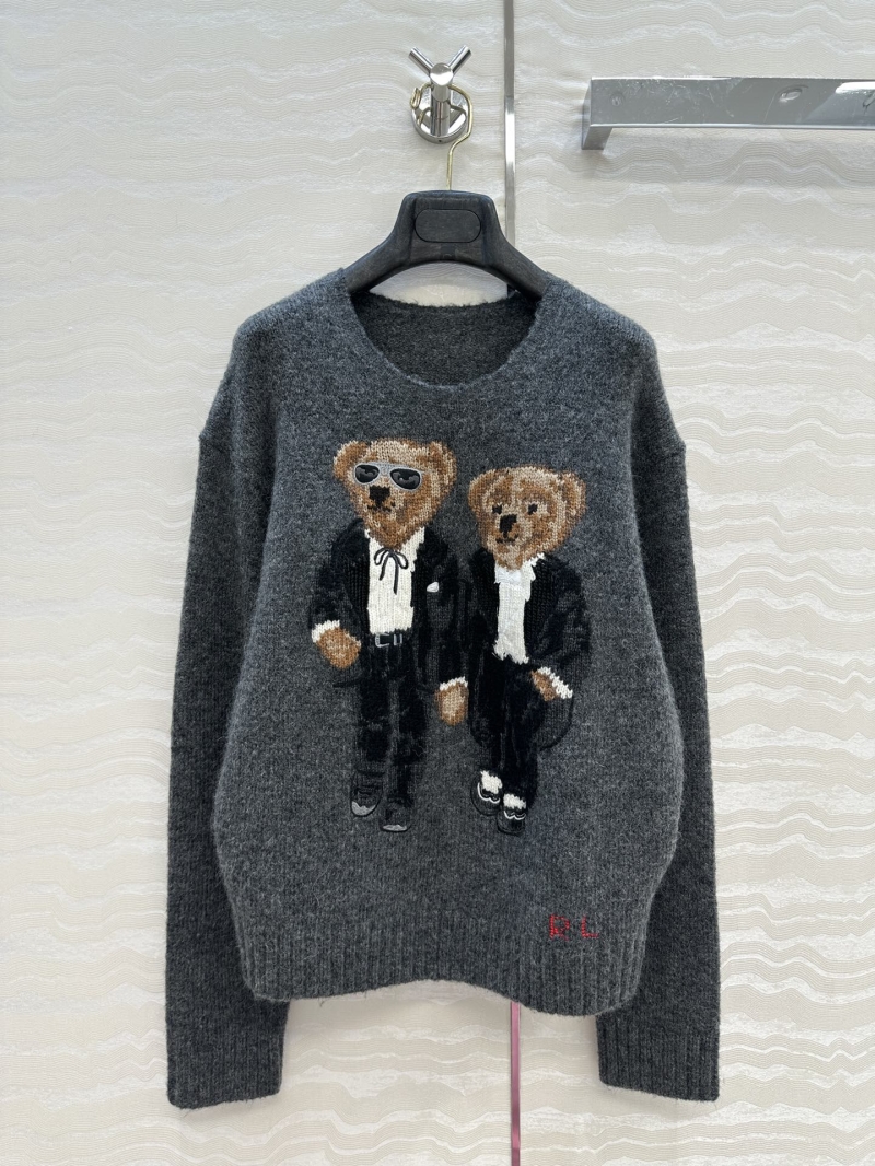 Ralph Lauren Luxe Alpaca Wool Teddy Bear Embroidered Sweater in Charcoal Gray