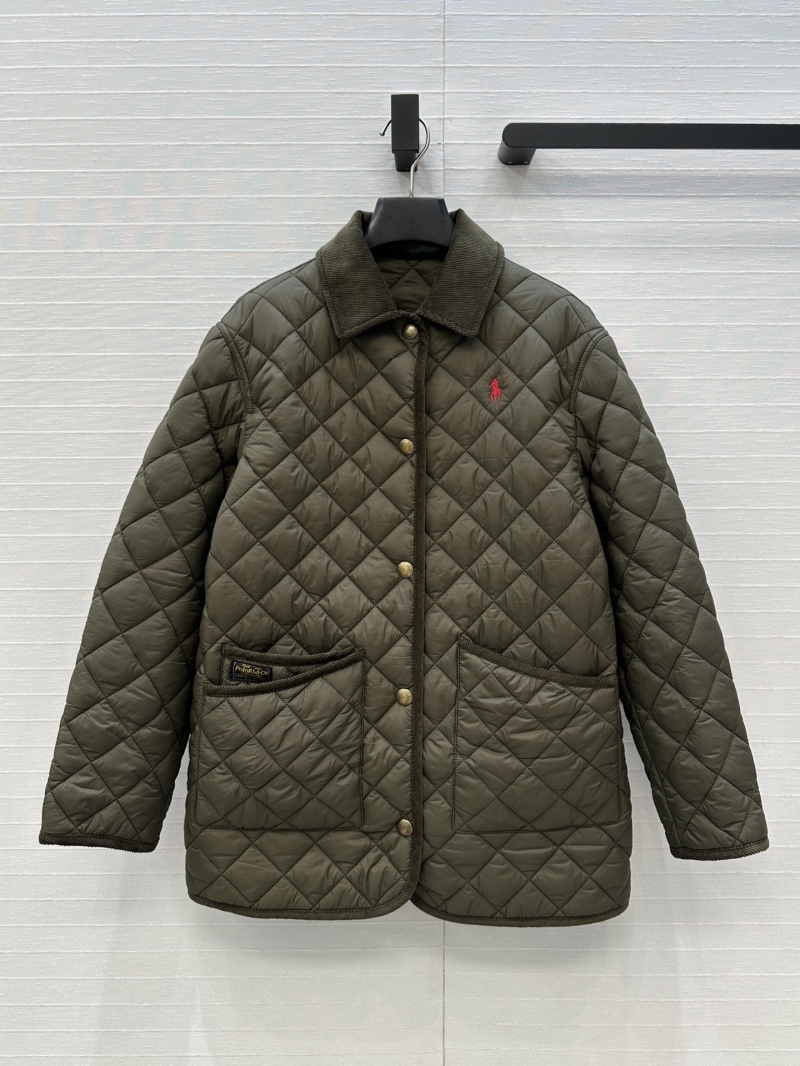 Ralph Lauren Olive Green Diamond-Quilted Mid-Length Jacket with Corduroy Trim