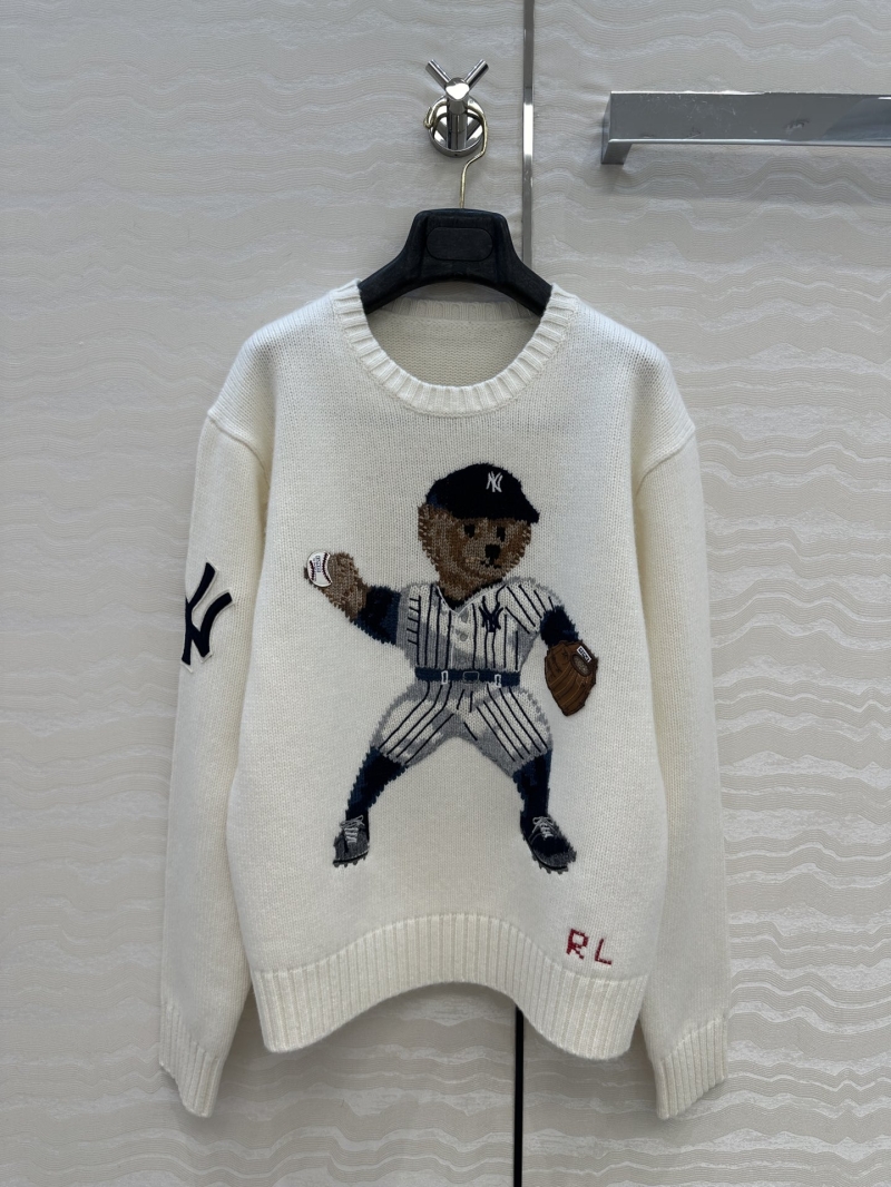 Ralph Lauren Opulent 100% Wool Polo Bear Baseball Sweater - Elevated Intarsia & Handcrafted Logo, Cream