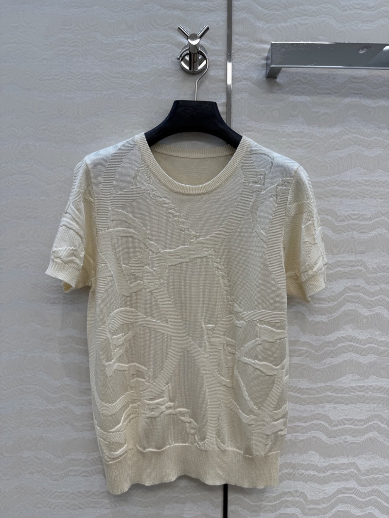 Ralph Lauren Exquisite Tencel-Cotton Embossed Jacquard Knit Short-Sleeve Top in Cream