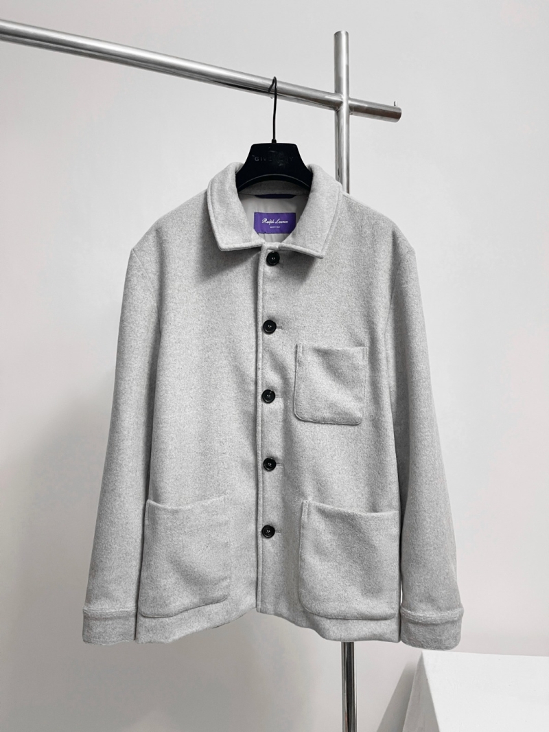 Ralph Lauren Wool-Cashmere Melange Shirt Jacket - Exquisite Light Gray Tailored Chore Coat