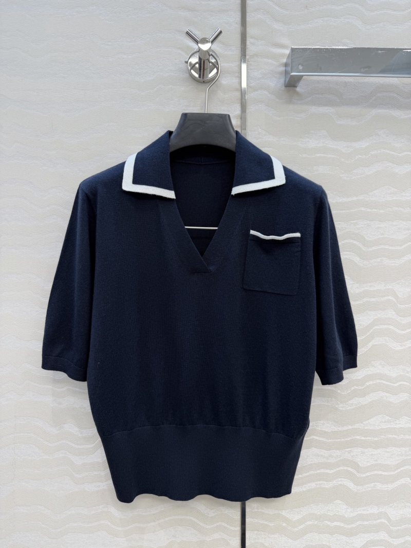Ralph Lauren Custom Mulberry Silk and Modal Knit Polo Top in Navy