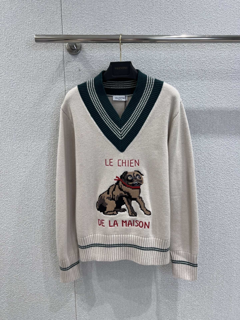 Valentino Fall/Winter 25FW V-Neck Striped Dog Embroidery Sweater - Exclusive Design
