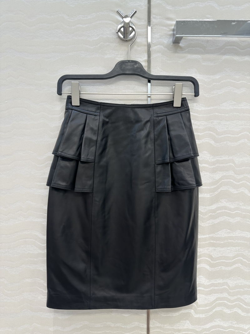 Valentino Black Leather High-Waist Flared Midi Skirt with Ruffle Hem