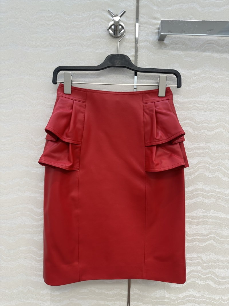 Valentino Maximalist Aesthetic High-Waist Lamb Leather Midi Skirt in Crimson Red