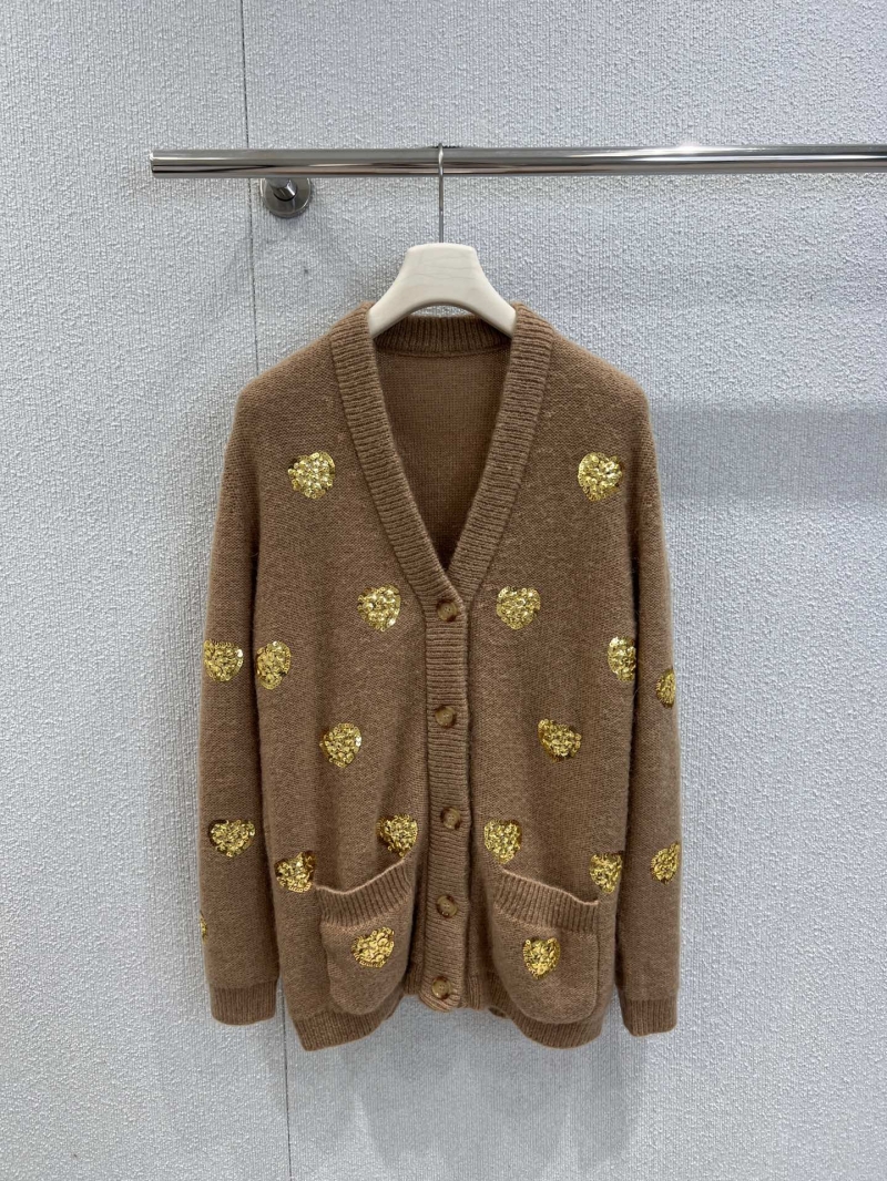 Valentino Autumn/Winter 2025 Exclusive Embroidered Gold Heart V-Neck Cardigan in Warm Brown
