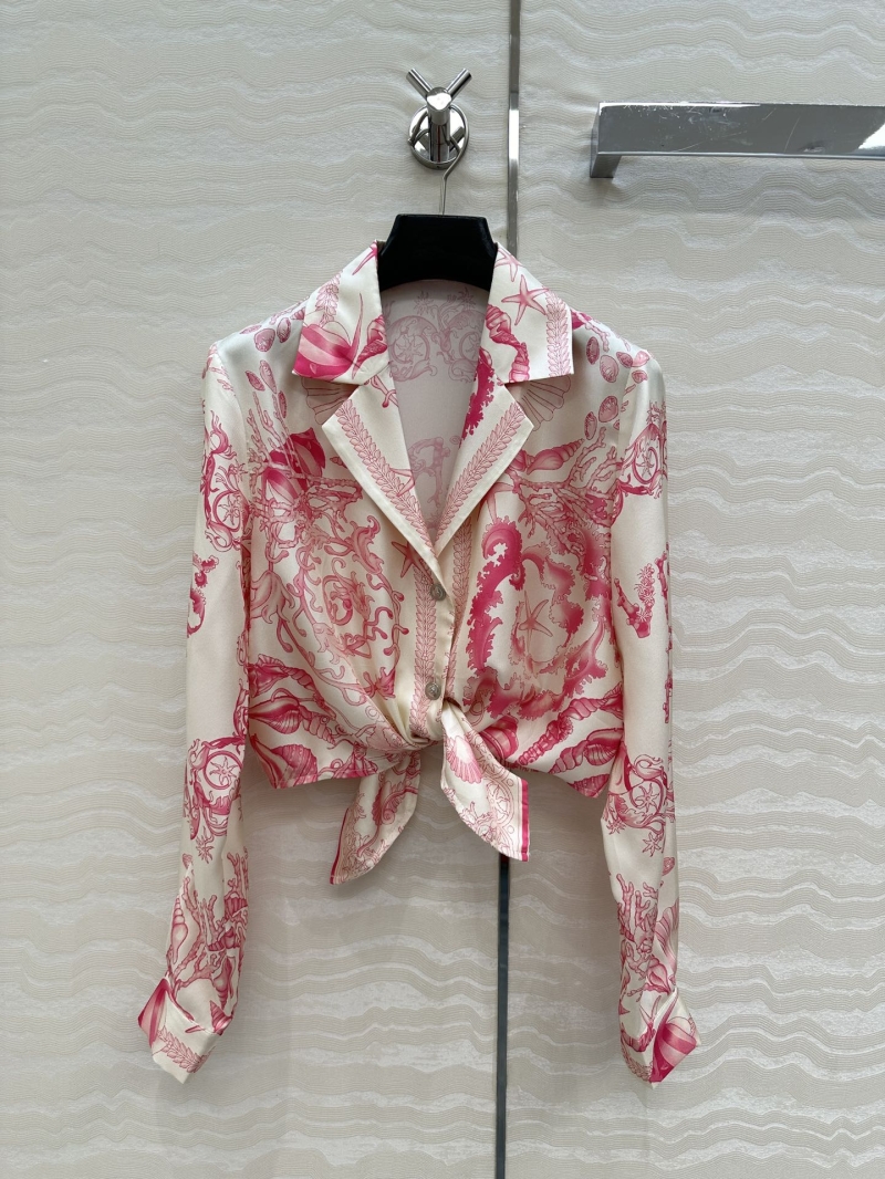 Versace Pink Venus 25S Spring Summer Ocean Coral Print Silk Tie-Front Short Shirt