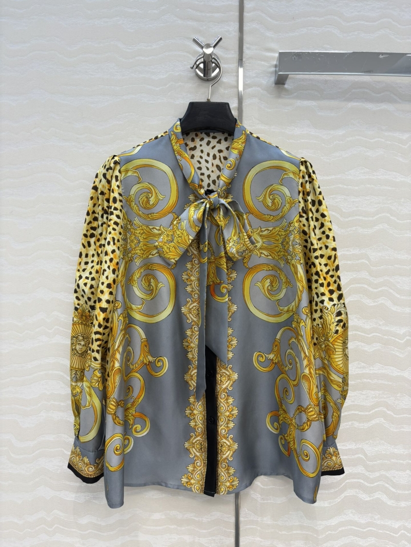 Versace Baroque & Leopard Print Silk Blouse in Gold & Brown | 100% Silk Twill | Flowing Tie Neck