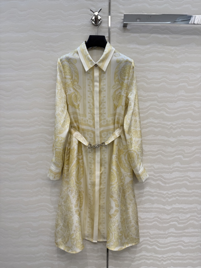 Versace Baroque Print Silk Shirt Dress in Ivory and Gold