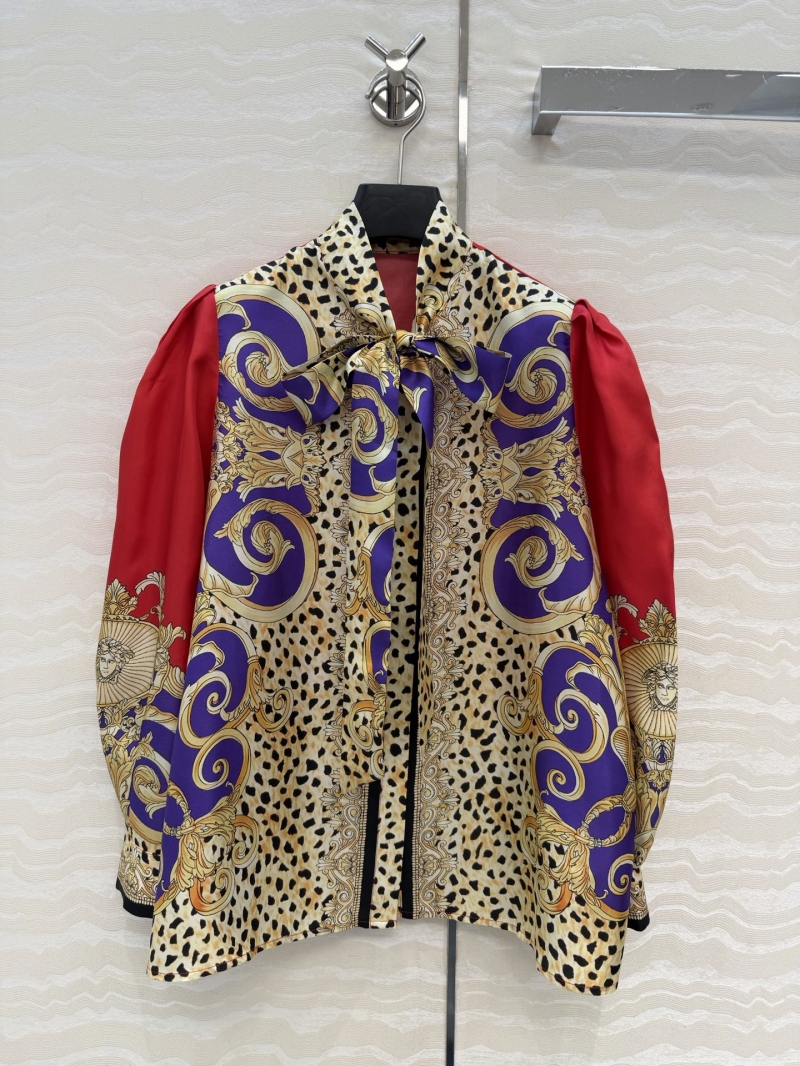 Versace Opulent Baroque Leopard 100% Silk Twill Pussy-Bow Blouse