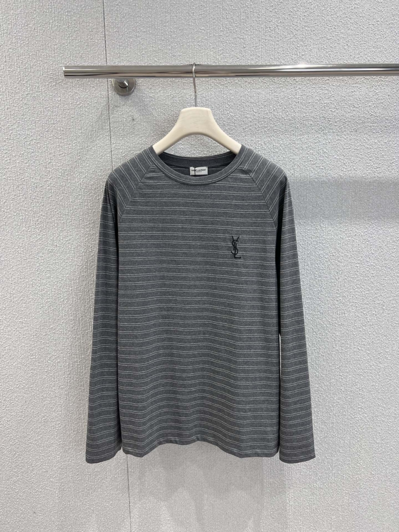 YSL Saint Laurent 25FW Early Autumn Embroidered Minimalist Striped Long-Sleeve T-Shirt in Charcoal Gray