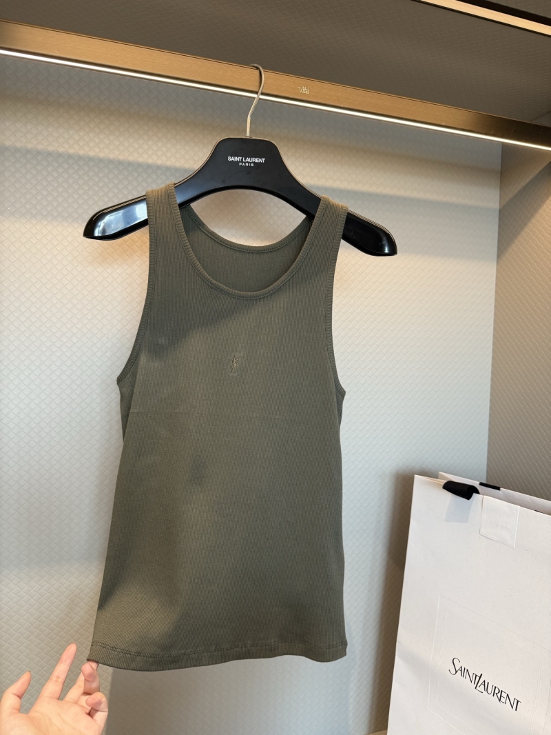 YSL Saint Laurent Ribbed Logo Tank Top Olive Green - Luxury Sleeveless Vest