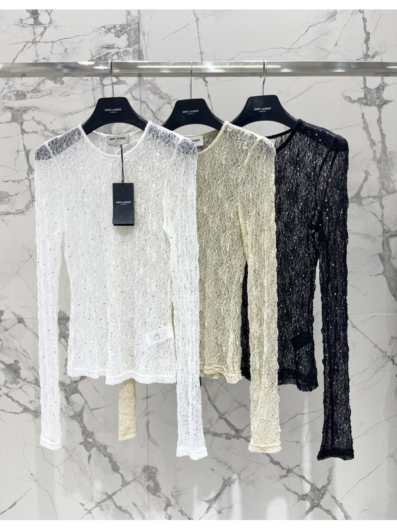 Saint Laurent YSL Luxe Lace Rhinestone-Embellished White Top