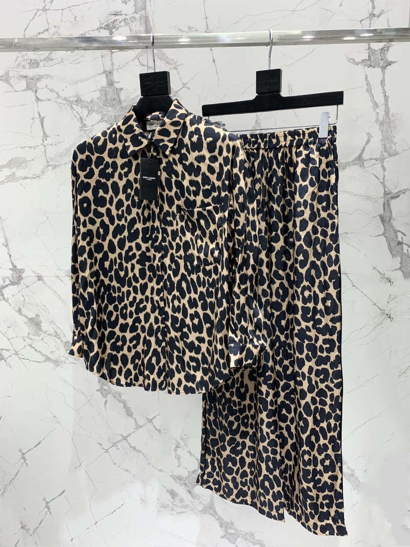 Saint Laurent Leopard Print Natural Fiber Blouse & Wide-Leg Pants Set - Elegant Wild Charm