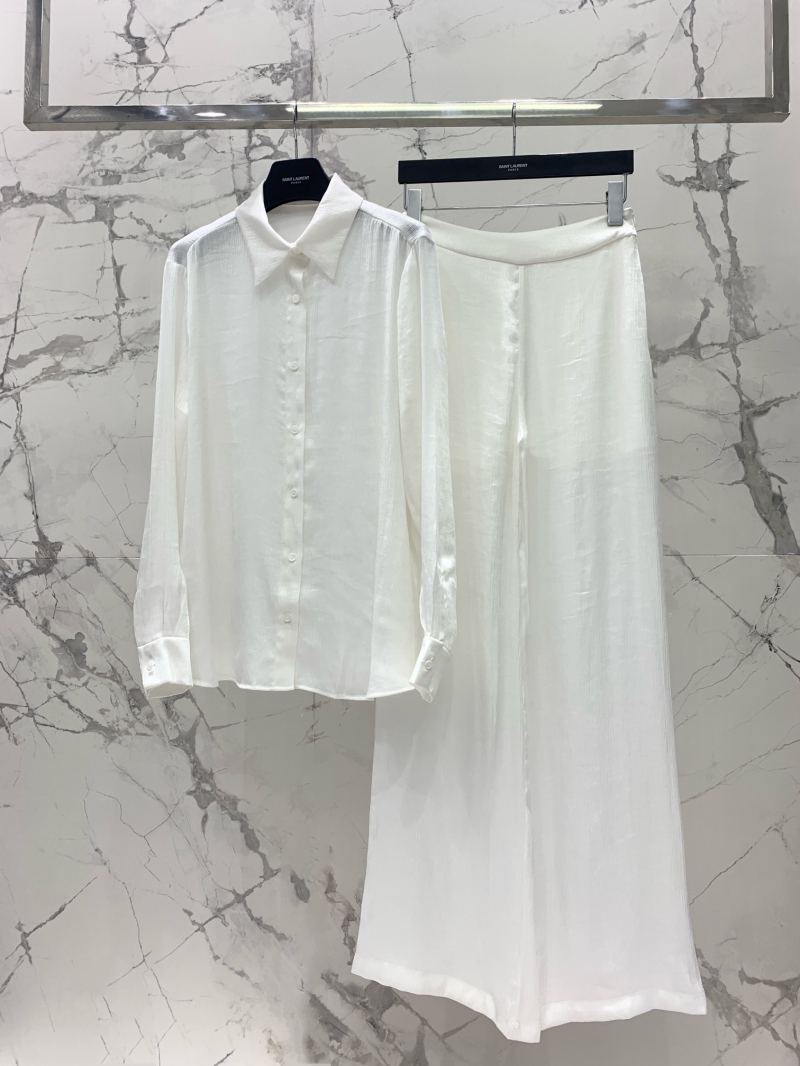 Saint Laurent 2025 Luxe Rayon Pleated Shirt & Wide-Leg Pants Set in White