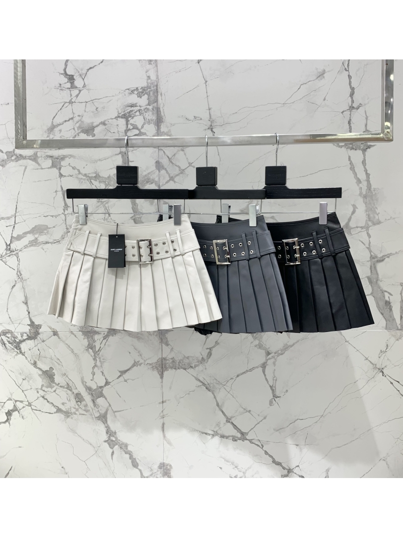 Saint Laurent 225SS YSL Fall Luxe Mini Pleated Leather Skirt - off-white