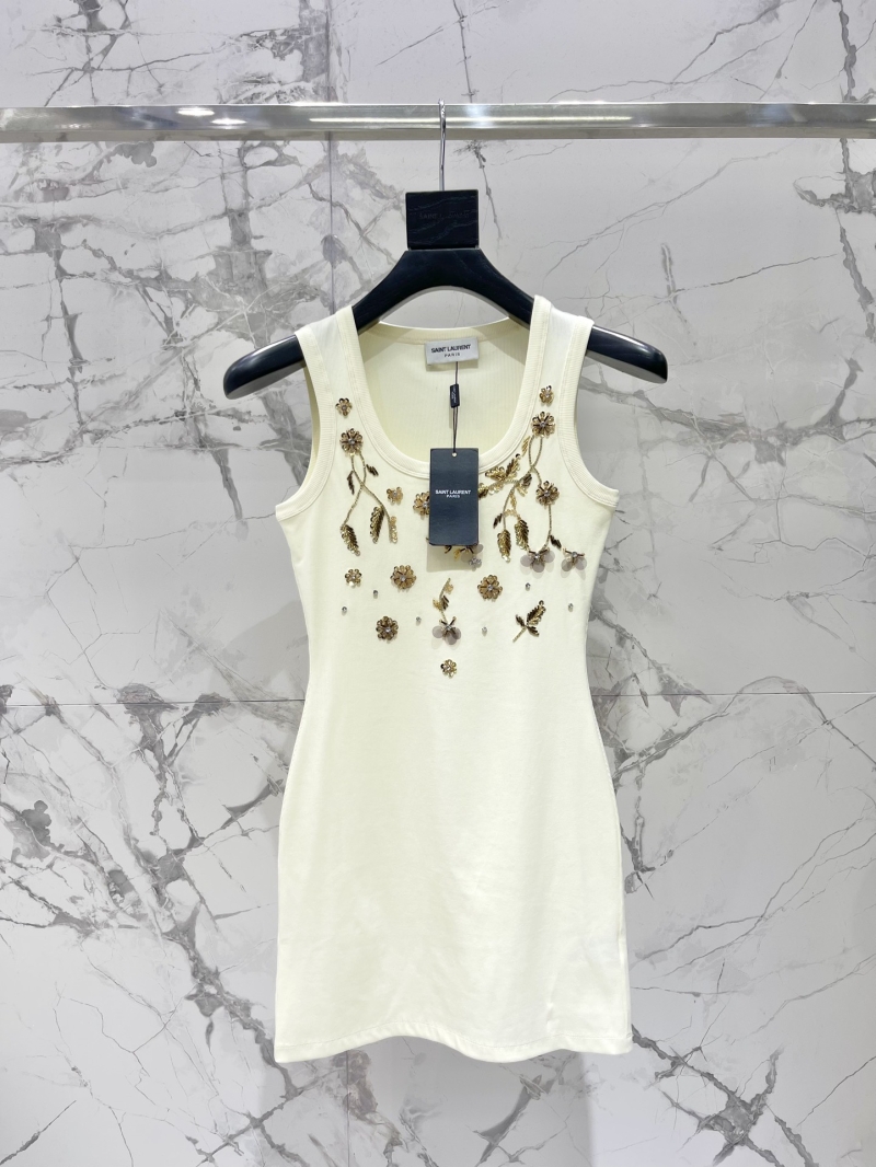 SAINT LAURENT Luxe Crystal-Embellished White Sleeveless A-Line Dress