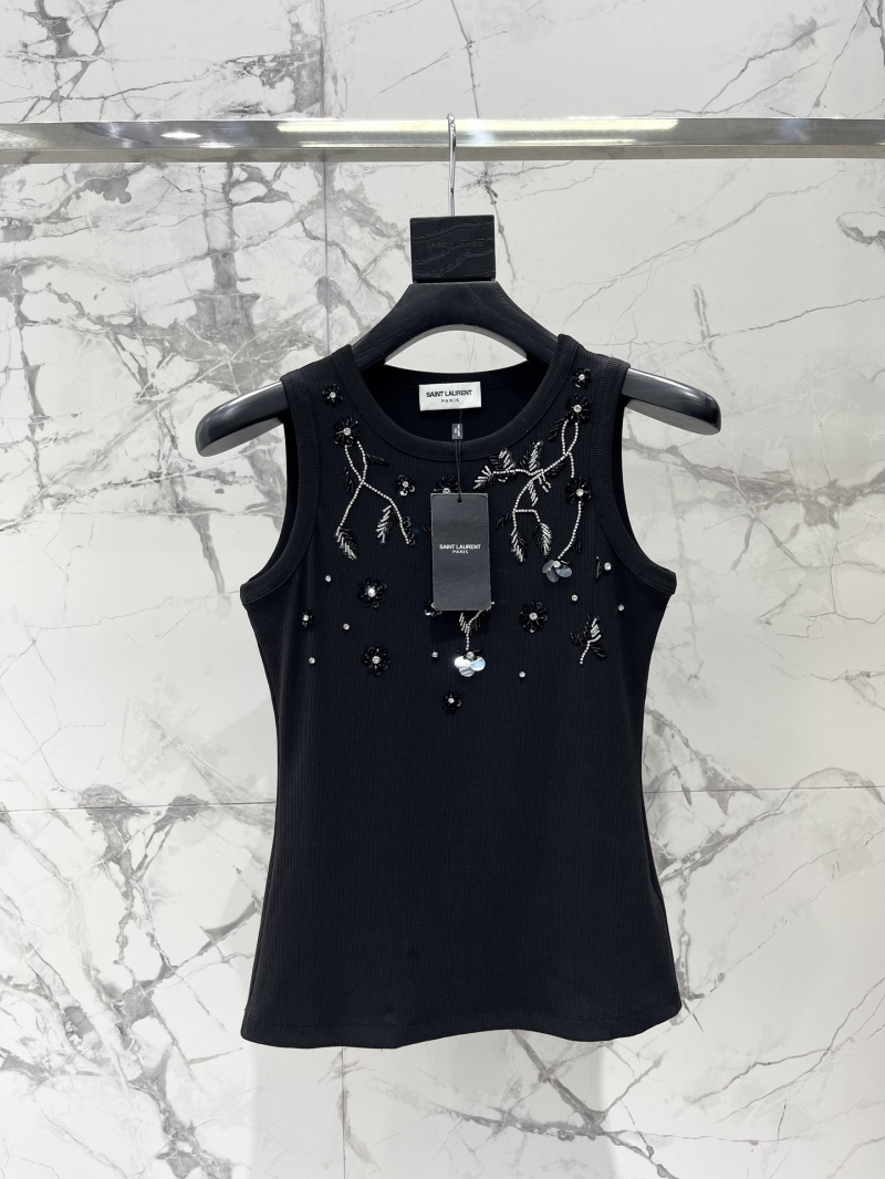 YSL Saint Laurent Exquisite Hand-Beaded Sleeveless Top in Black